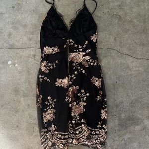 Black and rose gold beaded and embroidered mini dress